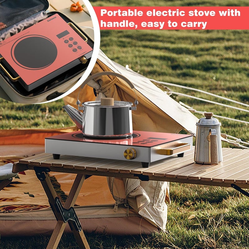 Karinear Portable Electric Stove 110V, 1800W Electric Hot Plate with Handle, Knob Control Single Burner Electri Cooktop, Ceramic Infrared Countertop Burner, Timer, Safety Lock(Pink) - Image 5